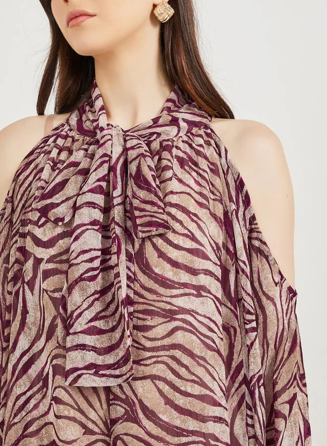 Styli All-Over Print Tie-Up Neck Kaftan Maxi Dress