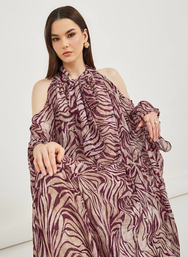 Styli All-Over Print Tie-Up Neck Kaftan Maxi Dress