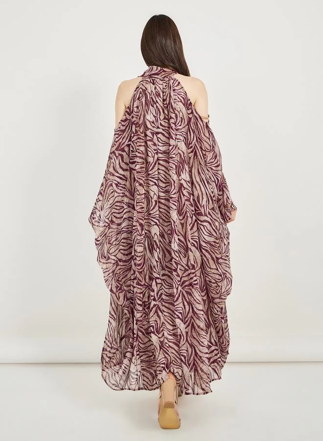 Styli All-Over Print Tie-Up Neck Kaftan Maxi Dress
