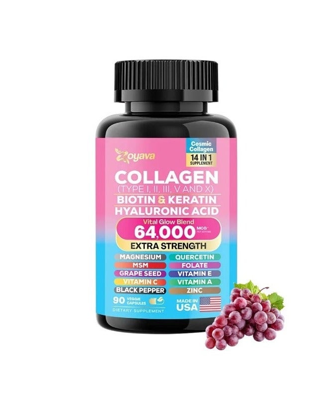 Zoyava Collagen Complex – Type I, II, III, V & X Collagen with Biotin, Keratin, Hyaluronic Acid, MSM & Grape Seed – Supports Hair, Skin, Nails, Joints & Bone Health – 90 Capsules - Image 1