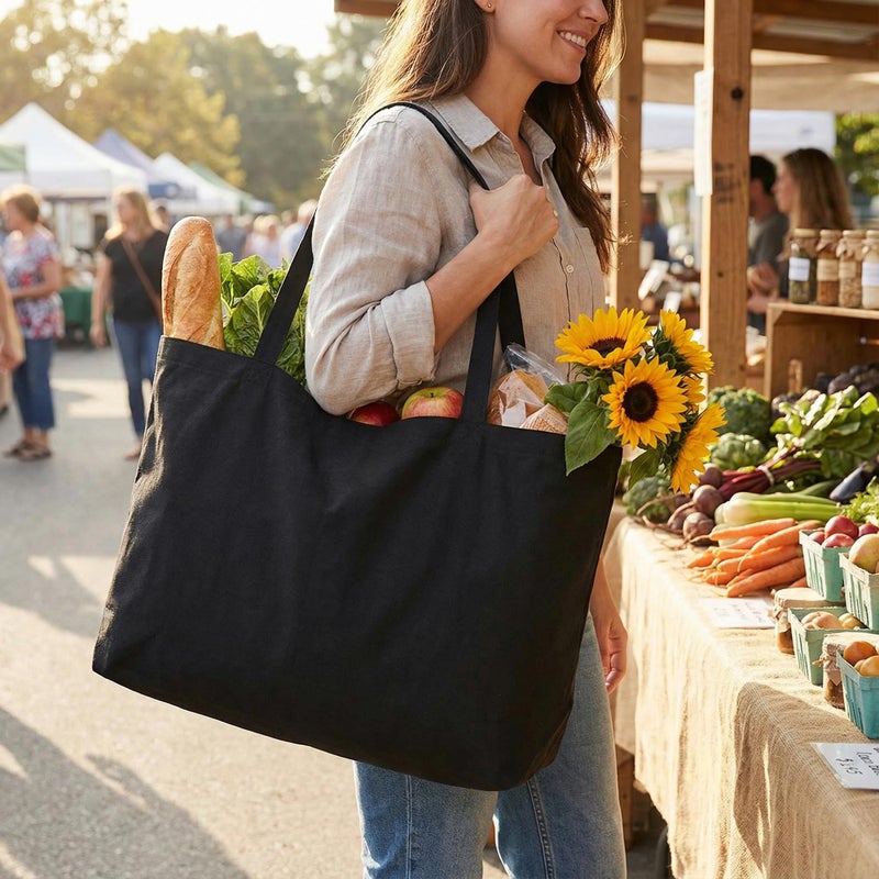 BasicList Extra Large Canvas Tote Bag - Big Reusable Grocery Shopping Heavy Duty Foldable, Black - Image 2
