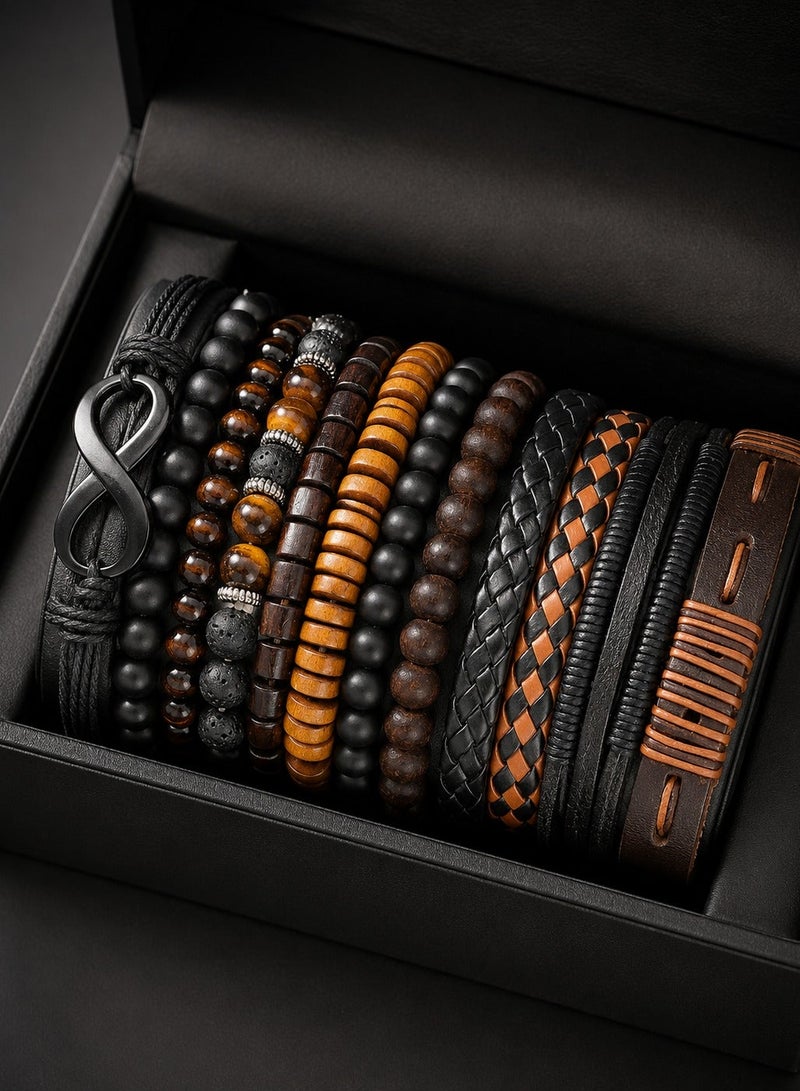 Men’s Bracelets Set of 12 Pieces Featuring Multiple Bohemian Designs with Wood, Leather, and Beads — Perfect Gift for Birthdays and Special Occasions - Image 1