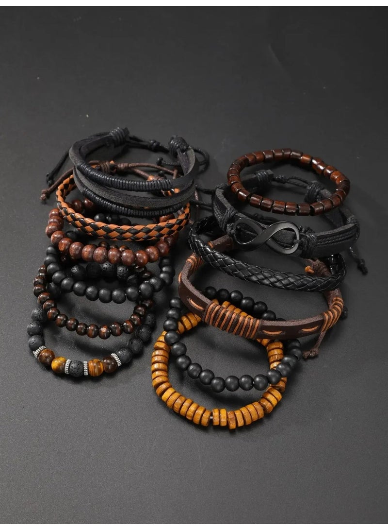 Men’s Bracelets Set of 12 Pieces Featuring Multiple Bohemian Designs with Wood, Leather, and Beads — Perfect Gift for Birthdays and Special Occasions - Image 2