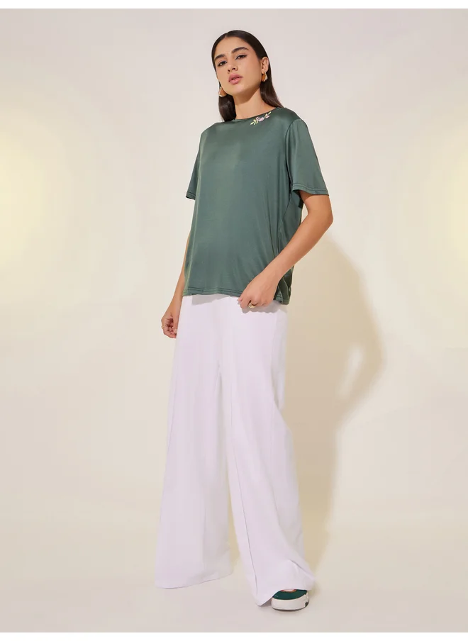 Take Two Take Two  Embroidered Round Neck T-Shirt