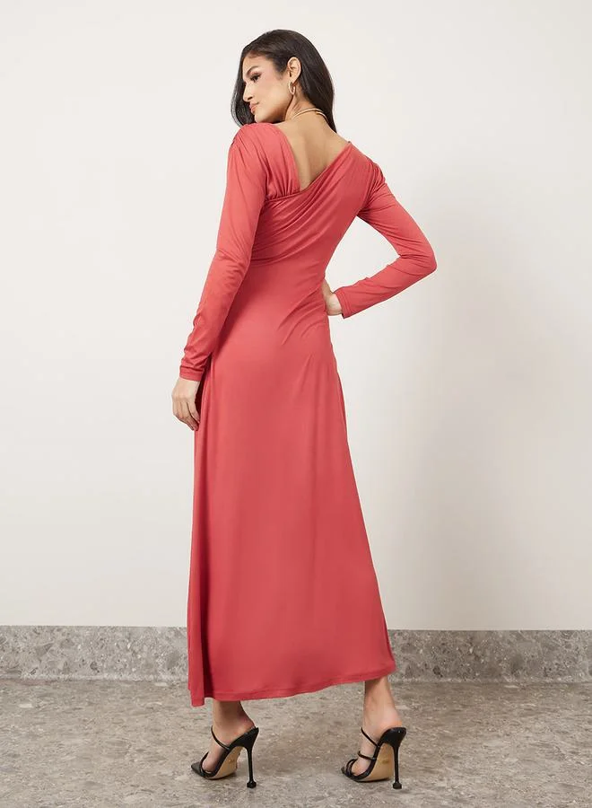 Styli Asymmetric Neck Ruched A-Line Maxi Dress