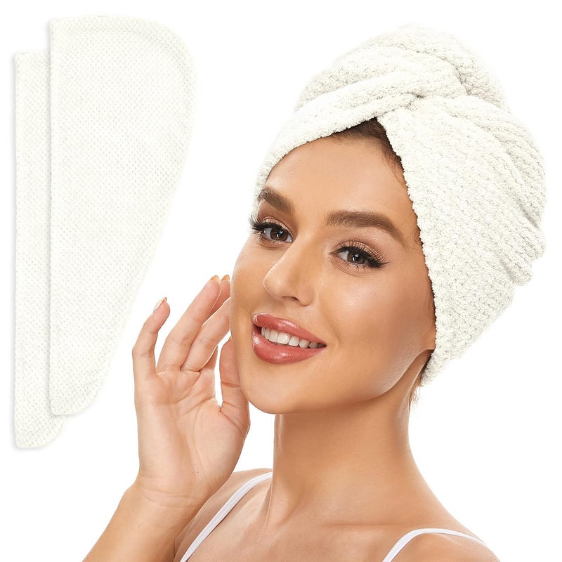 SimpleField 2 Pack Microfiber Hair Towel Wrap for Women, Anti Frizz Quick Drying Hair Turban for All Hair Style, Absorbent and Lightweight (Ivory) - Image 1