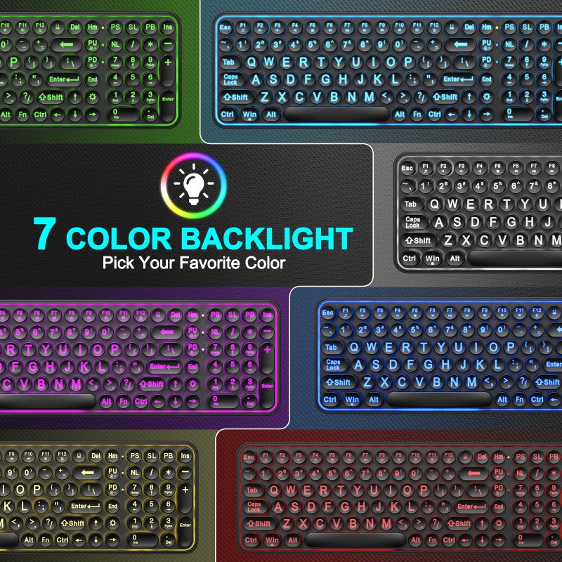 QUASIO Large Print Backlit Keyboard, Wired USB Lighted Computer Keyboards with 7-Color Backlit, Oversized Print Letters, Quiet Typewriter Keyboard with Retro Round Keycaps for Windows PC, Laptop - Image 3