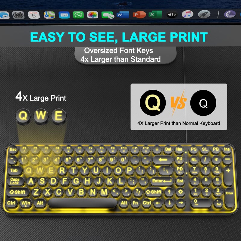QUASIO Large Print Backlit Keyboard, Wired USB Lighted Computer Keyboards with 7-Color Backlit, Oversized Print Letters, Quiet Typewriter Keyboard with Retro Round Keycaps for Windows PC, Laptop - Image 2