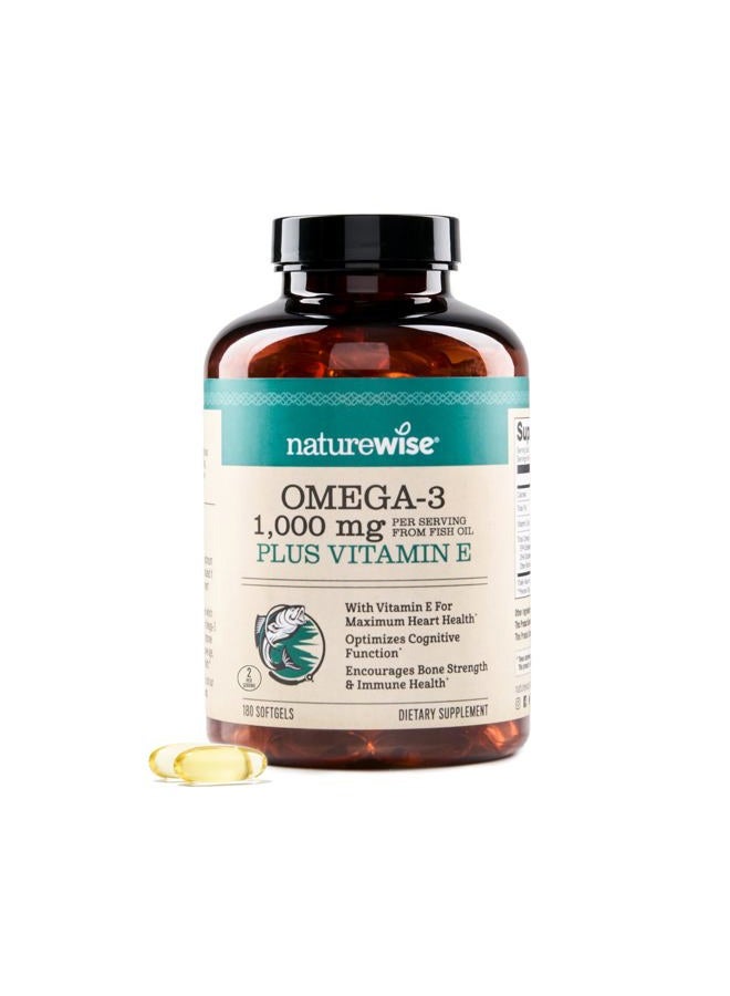 NatureWise Extra-Strength Omega 3 Fish Oil Supplement - 1000mg per Serving - 600 EPA & 400 DHA and Vitamin E - Support for Heart & Brain Health - Lemon Flavor, GMO-Free - 180 Softgels[3-Month Supply] - Image 1