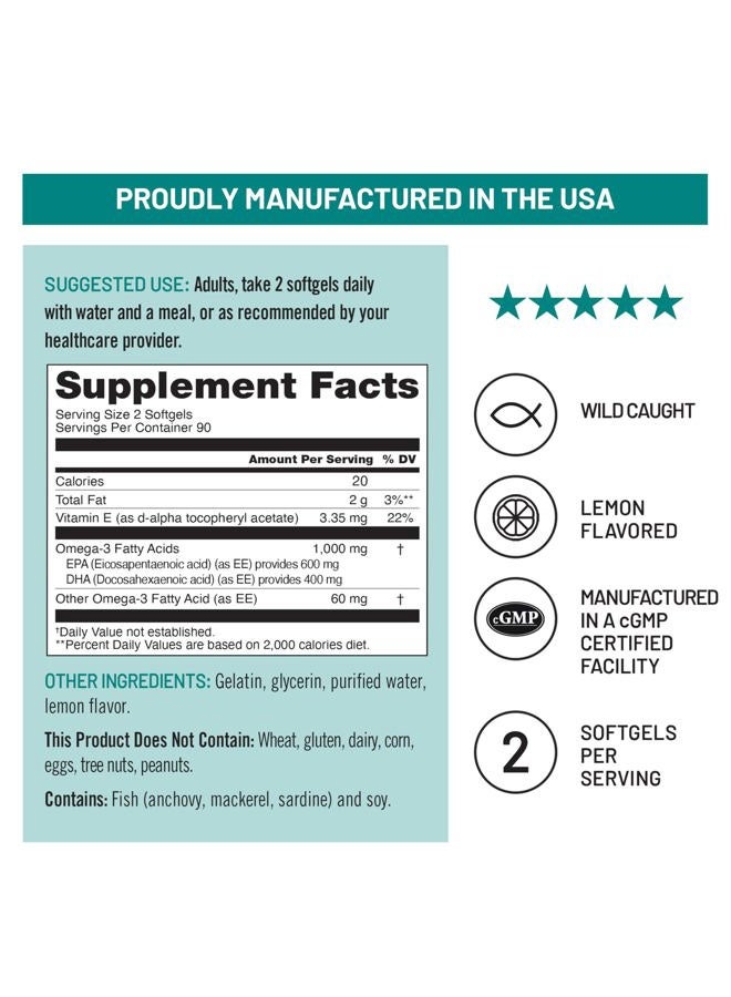 NatureWise Extra-Strength Omega 3 Fish Oil Supplement - 1000mg per Serving - 600 EPA & 400 DHA and Vitamin E - Support for Heart & Brain Health - Lemon Flavor, GMO-Free - 180 Softgels[3-Month Supply] - Image 4