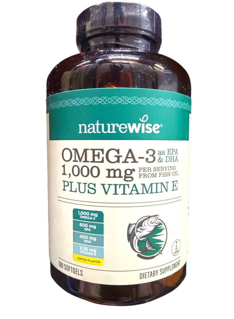NatureWise Extra-Strength Omega 3 Fish Oil Supplement - 1000mg per Serving - 600 EPA & 400 DHA and Vitamin E - Support for Heart & Brain Health - Lemon Flavor, GMO-Free - 180 Softgels[3-Month Supply] - Image 1