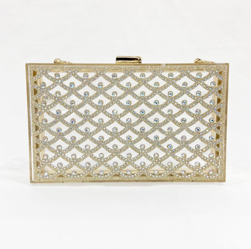 Transparent Acrylic Box Bag Golden Chain Rhomboid Small Square Bag Small Chanel Style With Diamond Banquet Bag Ins Clutch Bag - Image 1