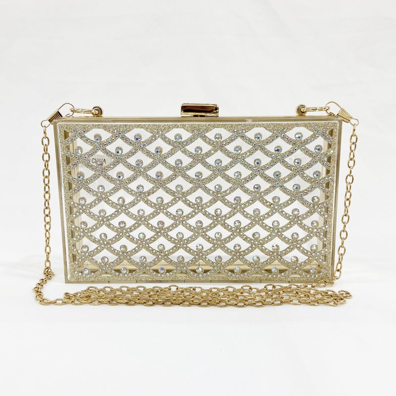 Transparent Acrylic Box Bag Golden Chain Rhomboid Small Square Bag Small Chanel Style With Diamond Banquet Bag Ins Clutch Bag - Image 2