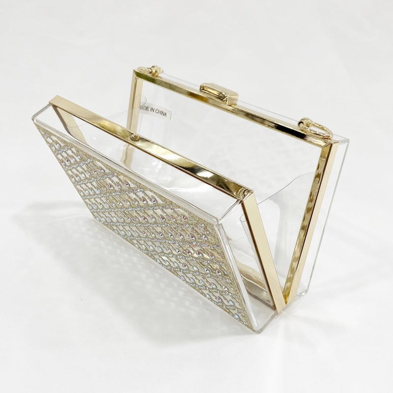 Transparent Acrylic Box Bag Golden Chain Rhomboid Small Square Bag Small Chanel Style With Diamond Banquet Bag Ins Clutch Bag - Image 4