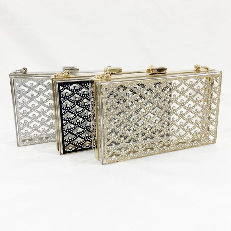 Transparent Acrylic Box Bag Golden Chain Rhomboid Small Square Bag Small Chanel Style With Diamond Banquet Bag Ins Clutch Bag - Image 5