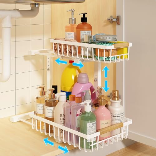 REALINN Under Sink Organizer Height Adjustable Under Sink Organizers and Storage 2 Tier Pull Out Drawer Cabinet Storage for Kitchen Bathroom 1 Pack White