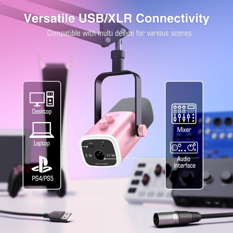 FIFINE ميكروفون الألعاب FIFINE XLR USB، مجموعة ميكروفون ديناميكي للكمبيوتر، للتسجيل، البودكاست، البث، ميكروفون RGB مع مدخل سماعة، زر كتم، حامل ذراع متحرك للكمبيوتر/الم mixer-AmpliGame AM8T وردي - Image 3