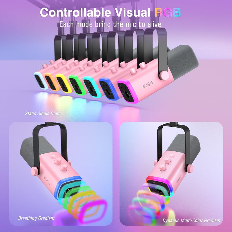 FIFINE ميكروفون الألعاب FIFINE XLR USB، مجموعة ميكروفون ديناميكي للكمبيوتر، للتسجيل، البودكاست، البث، ميكروفون RGB مع مدخل سماعة، زر كتم، حامل ذراع متحرك للكمبيوتر/الم mixer-AmpliGame AM8T وردي - Image 5