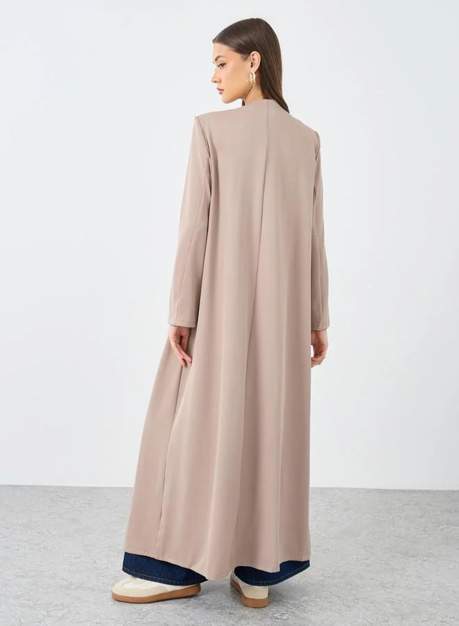 Styli Styli Solid Round Neck Open Front Abaya with Button Detail