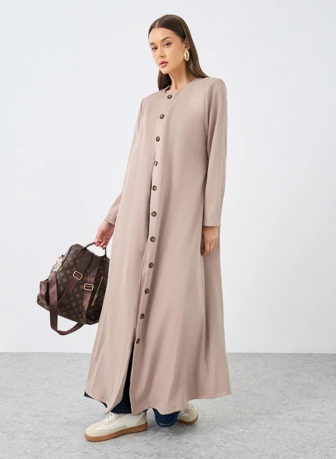 ستايلي Styli Solid Round Neck Open Front Abaya with Button Detail