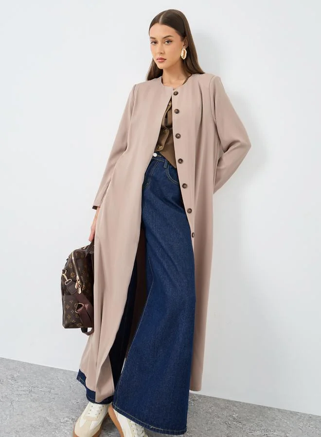 ستايلي Styli Solid Round Neck Open Front Abaya with Button Detail