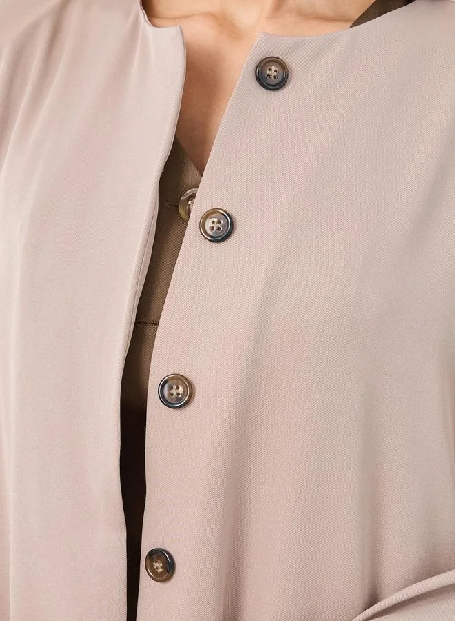 Styli Styli Solid Round Neck Open Front Abaya with Button Detail