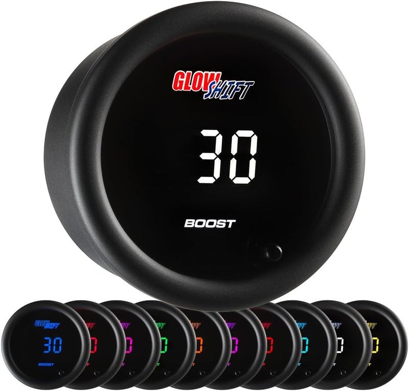 GLOWSHIFT 10 Color Digital 30 PSI Turbo Boost/Vac Gauge Kit - Includes Electronic Pressure Sensor, T-Fitting, Hose & Wiring - Multi-Color LED Display - Tinted Lens - for Car & Truck - 2-1/16" (52mm) - Image 1
