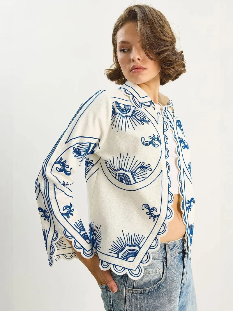 Bianco Lucci Cerulean Blue LUCCI Embroidered Cotton Pull-On Jacket with Shirt Collar for Women | Best Price UAE