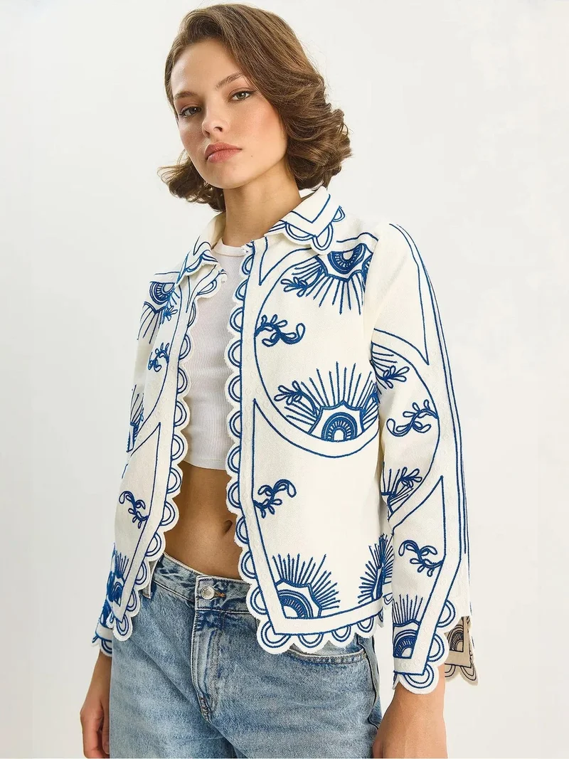 Bianco Lucci Cerulean Blue LUCCI Embroidered Cotton Pull-On Jacket with Shirt Collar for Women | Best Price UAE