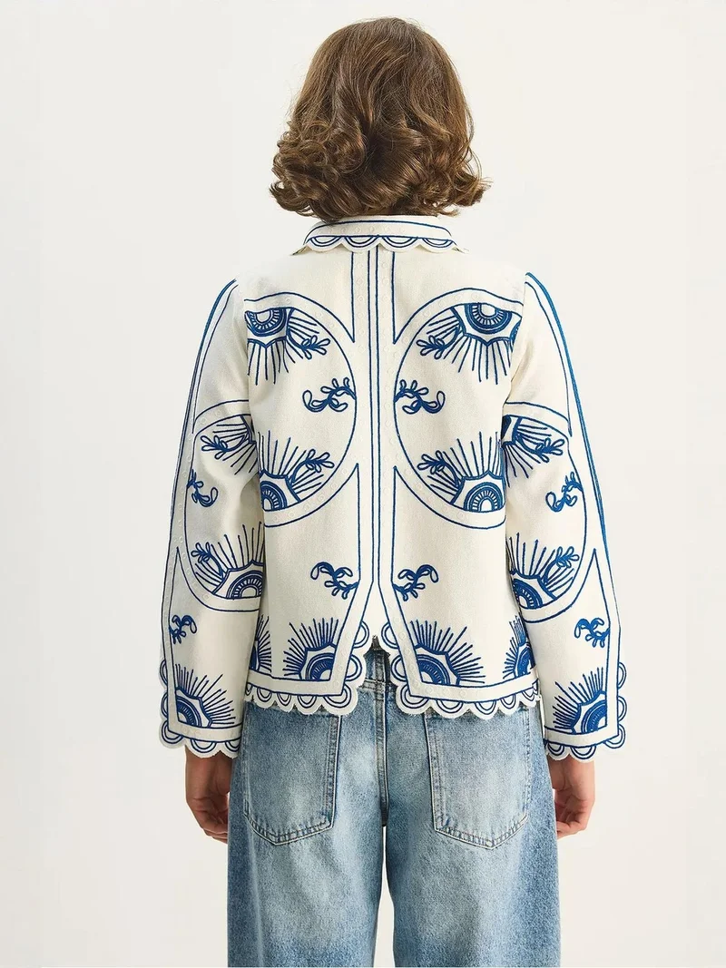 Bianco Lucci Cerulean Blue LUCCI Embroidered Cotton Pull-On Jacket with Shirt Collar for Women | Best Price UAE