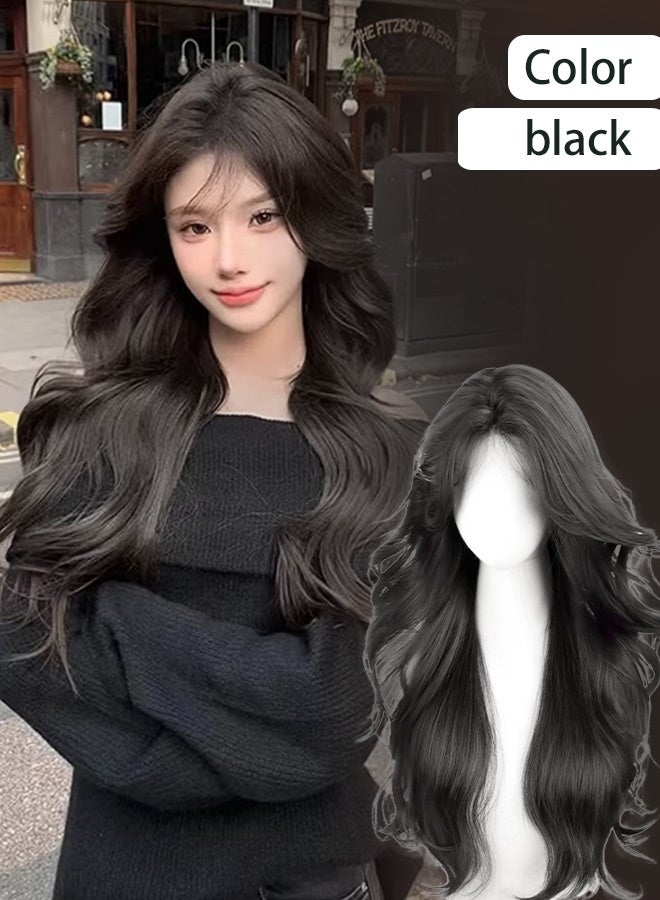 Black Long Wavy Wig for Women Natural Water Wave Middle Part Heat Resistant Synthetic Fiber Wig Curly Hair for Daily Dating Family Gathering Party Comfortable and natural design （68cm） - Image 1