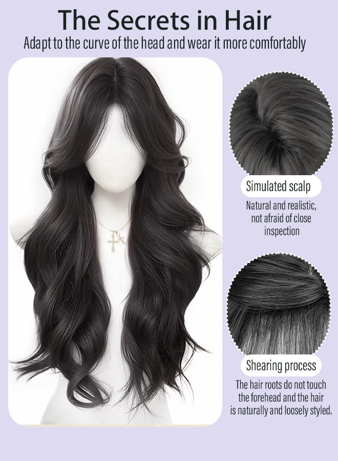 Black Long Wavy Wig for Women Natural Water Wave Middle Part Heat Resistant Synthetic Fiber Wig Curly Hair for Daily Dating Family Gathering Party Comfortable and natural design （68cm） - Image 3