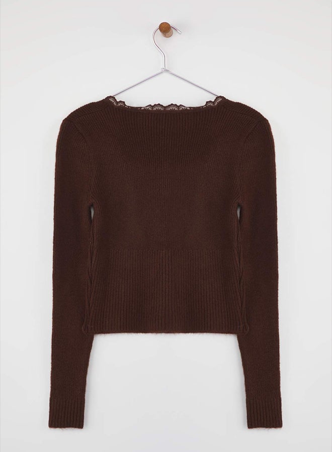 trendyol Brown Crop Lace Garnish Square Collar Soft Texture Body Wrap Knitwear Cardigan - Image 5