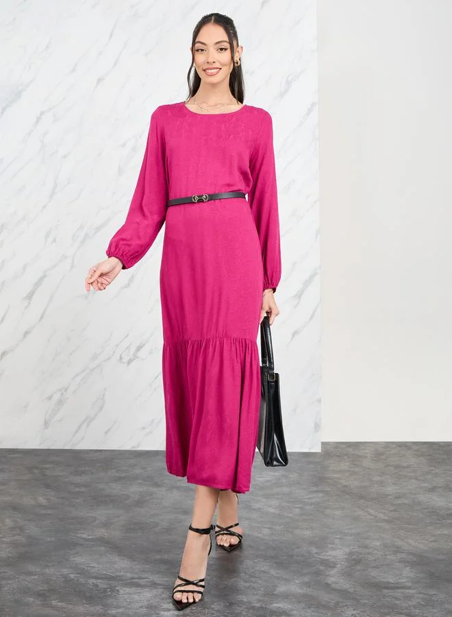 Take Two Floral Jacquard Print Ruffle Hem A-Line Midi Dress with Belt