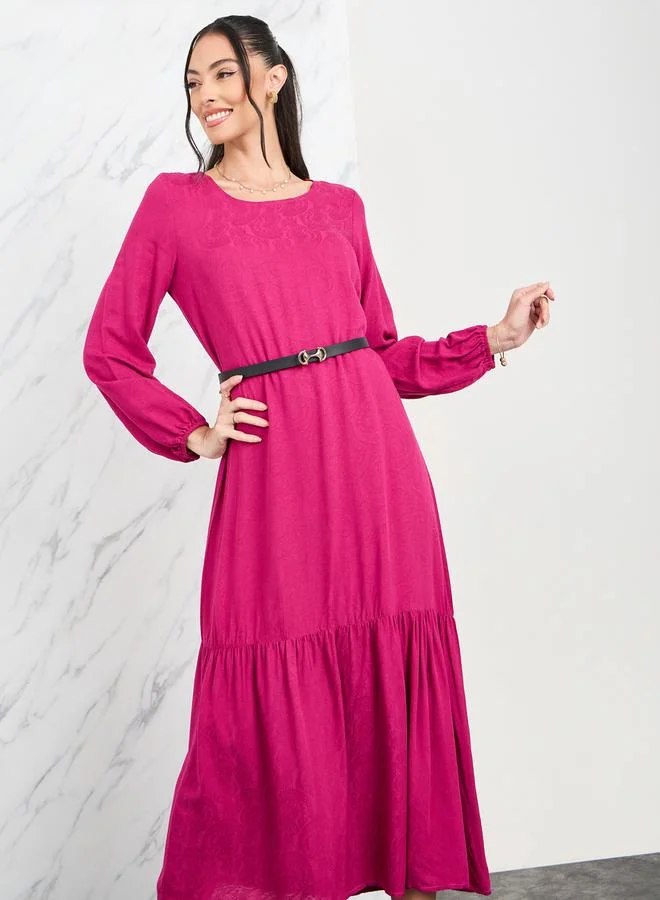 Take Two Floral Jacquard Print Ruffle Hem A-Line Midi Dress with Belt