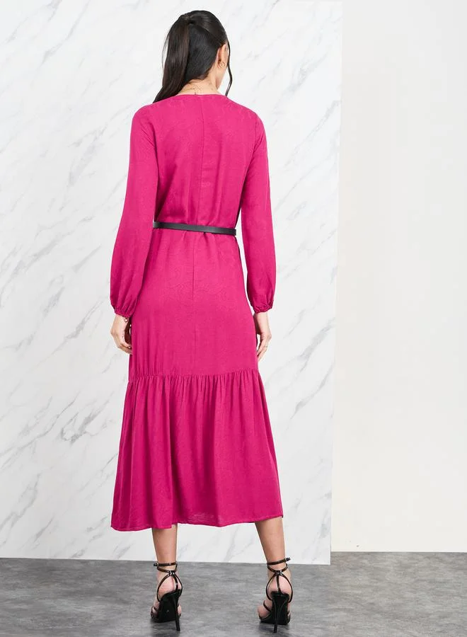 Take Two Floral Jacquard Print Ruffle Hem A-Line Midi Dress with Belt