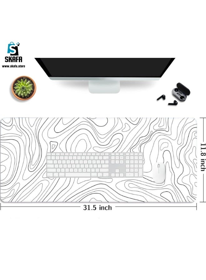 SKAFA Topographic Contour Gaming Mouse Pad with Stitched Edges | WhiteTopographic Map Desk Mat | Extended XL Mousepad with Anti-Slip Base | Cool Desk Pad for Keyboard and Mouse. (White) - Image 5