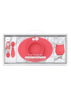ezpz First Food Set - 100% Silicone Baby Feeding Set With Built-In Placemat, Training Cup And Spoons For First Foods + Baby Led Weaning - 4 Months+ - Coral  - Image 1