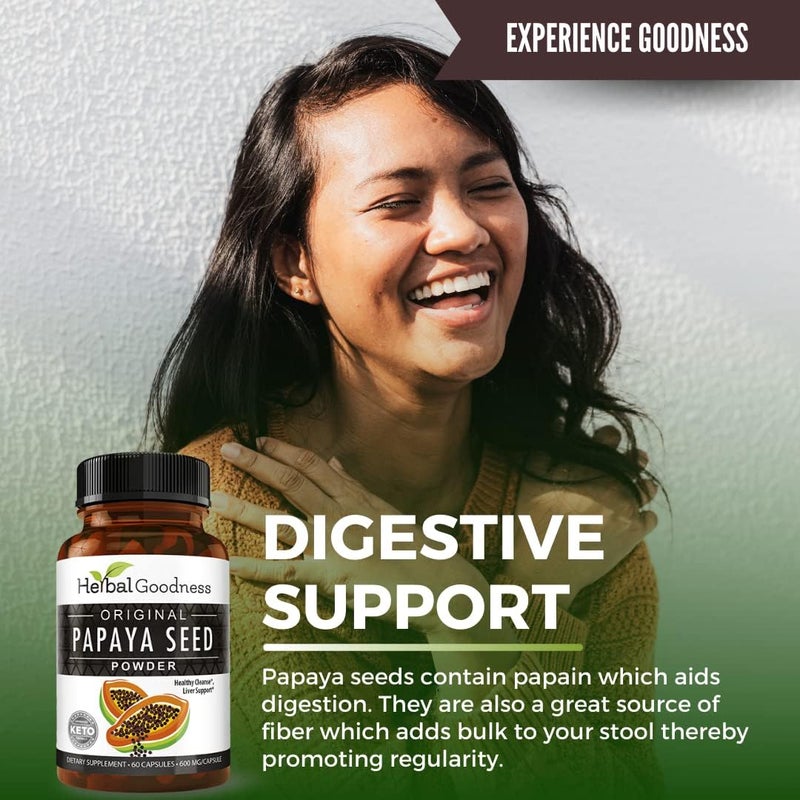 Herbal Goodness كبسولات بذور البابايا 60 حبة تدعم صحة الأمعاء والهضم 100% طبيعي لتنظيف الجسم وتركيبة مكنسة القولون 1 عبوة - Image 4