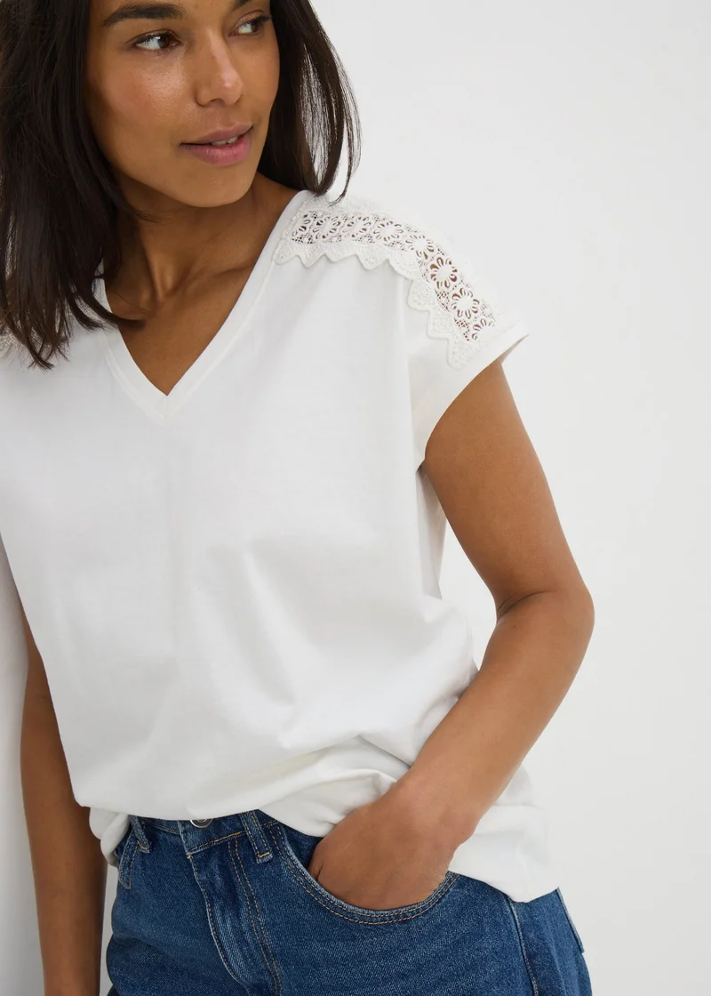 Matalan Cream Lace Trim V-Neck T-Shirt