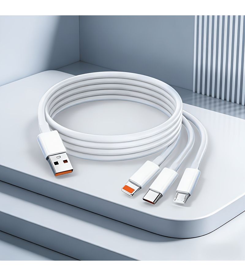 كابل بيانات USB 3 في 1 أبيض، كابل طاقة واحد إلى ثلاثة، منفذ Type C و V8 وشكل L، كابل شحن متعدد الوظائف بثلاثة واجهات، مناسب لأجهزة آيفون وهواوي وشاومي. - Image 3