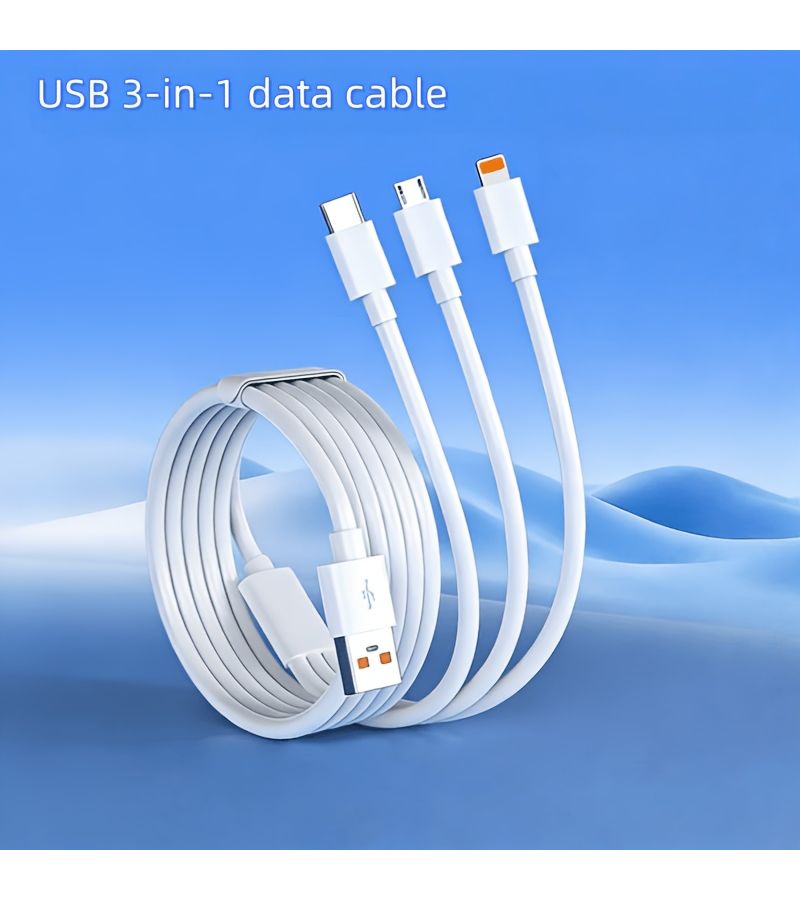 كابل بيانات USB 3 في 1 أبيض، كابل طاقة واحد إلى ثلاثة، منفذ Type C و V8 وشكل L، كابل شحن متعدد الوظائف بثلاثة واجهات، مناسب لأجهزة آيفون وهواوي وشاومي. - Image 1