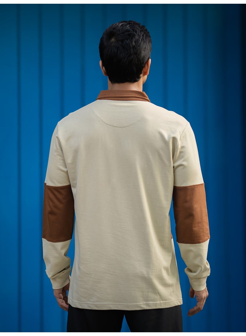 Maniac Maniac Mens Color Block Polo Neck Full Sleeve Beige and Brown Cotton T-Shirt - Image 4