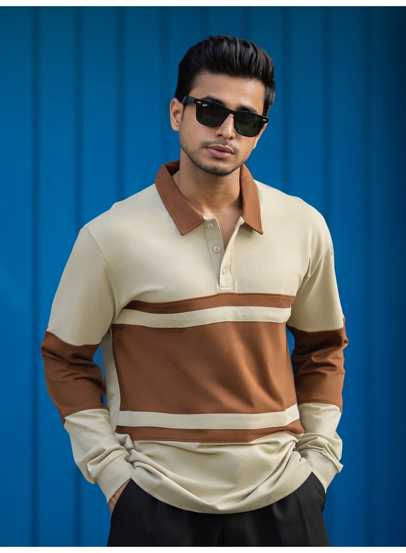 Maniac Maniac Mens Color Block Polo Neck Full Sleeve Beige and Brown Cotton T-Shirt - Image 1