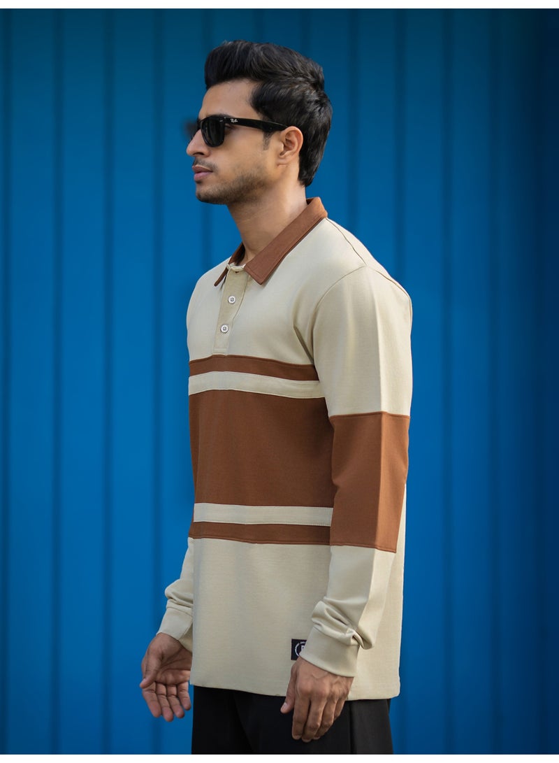 Maniac Maniac Mens Color Block Polo Neck Full Sleeve Beige and Brown Cotton T-Shirt - Image 3