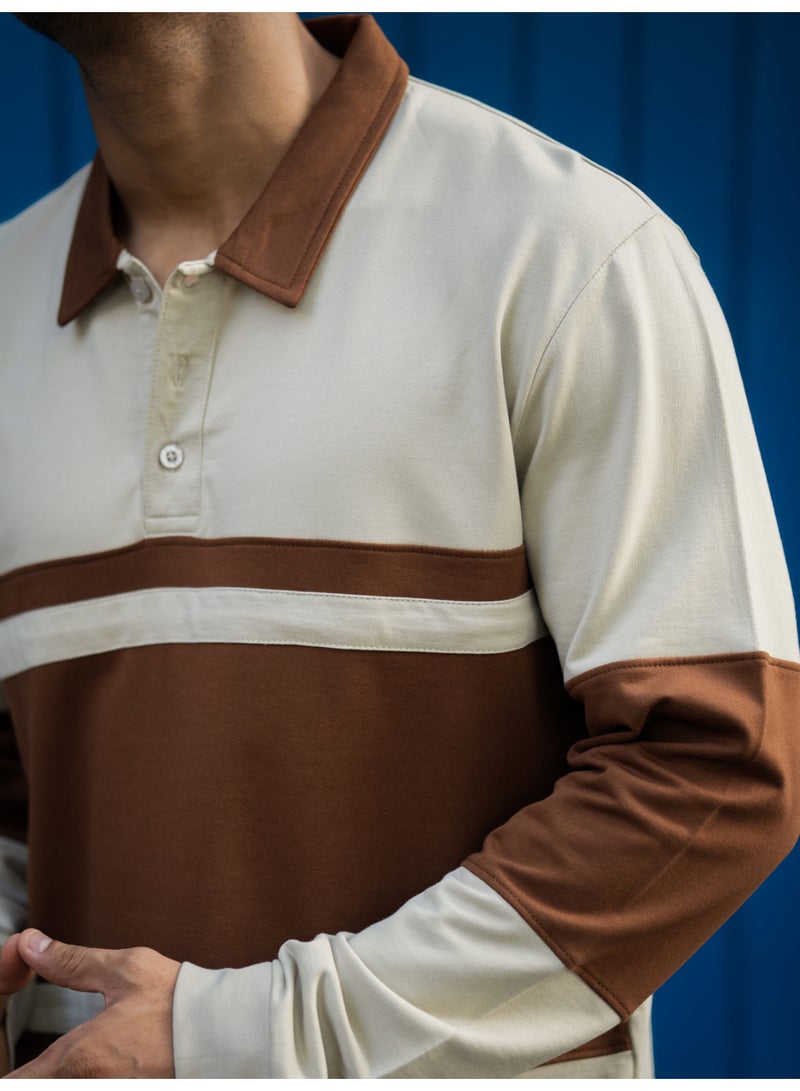 Maniac Maniac Mens Color Block Polo Neck Full Sleeve Beige and Brown Cotton T-Shirt - Image 5