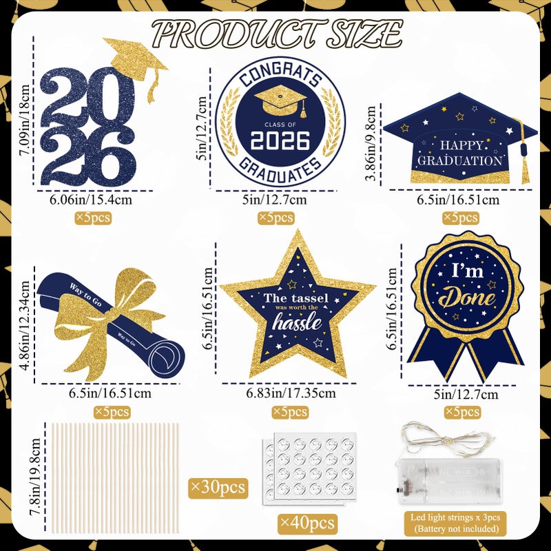 kockuu Graduation Party Centerpieces Decorations for Tables Class of 2026-30pcs Glitter Navy Blue and Gold Graduation Table Centerpieces Sticks with LED String Lights for Graduation Party Decor Supplies - Image 4