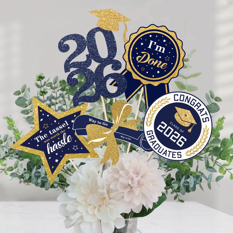 kockuu Graduation Party Centerpieces Decorations for Tables Class of 2026-30pcs Glitter Navy Blue and Gold Graduation Table Centerpieces Sticks with LED String Lights for Graduation Party Decor Supplies - Image 2