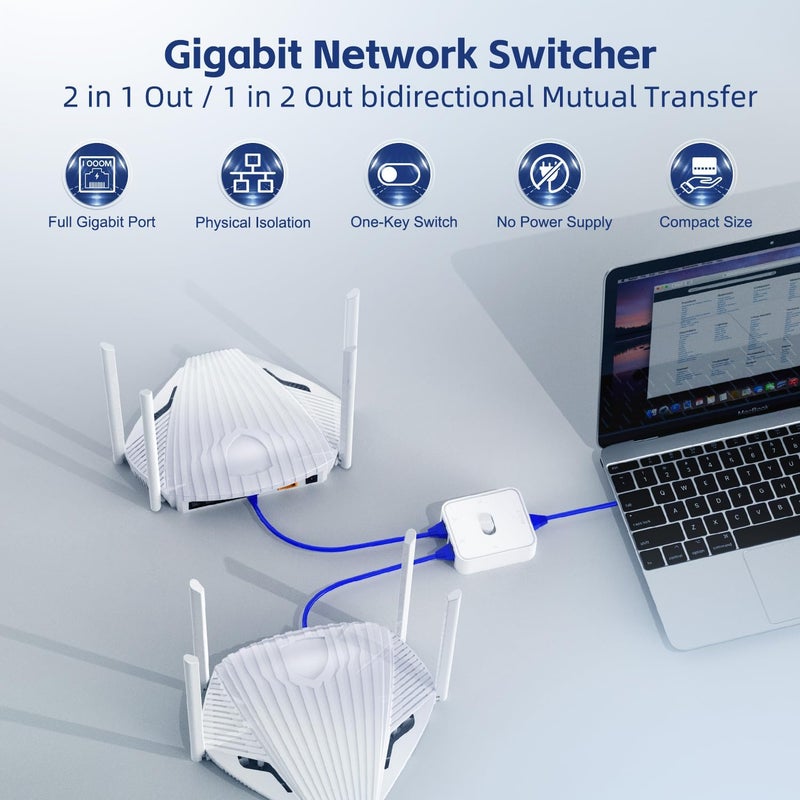 Binardat Gigabit Network Switcher, Passive Ethernet Selector, in/Out to A or B Network, Bidirectional Manual Switcher, No Power Required (White) - Image 2