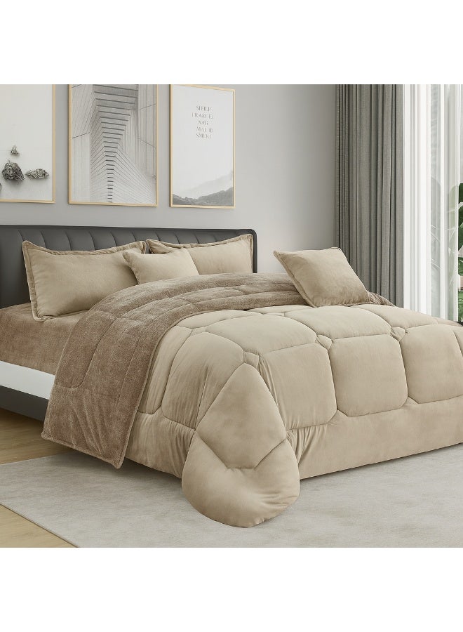 مينجلي مفرش شتوي نفر ونص نظام وجهين (مخمل × فرو) – طقم مفارش 4 قطع يشمل لحاف، شرشف مطاطي، غطاء وسادة وغطاء مخدة، يناسب سرير مقاس 140×200 سم - Image 1